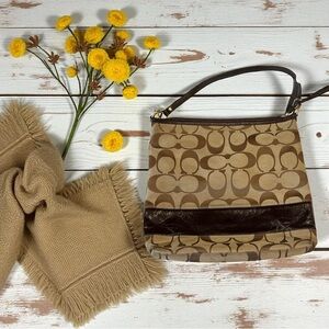 Coach Signature Jacquard Canvas & Patent Leather Hobo Shoulder Bag Khaki/Brown